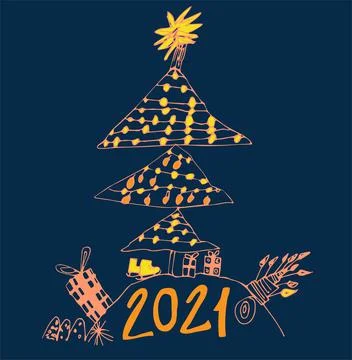 Funny colored Christmas tree hand-drawn outline in children drawing style Stock Illustration
