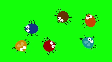 Funny colored insects crawling on green screen, 2d animated cartoon, looping. Stockbeeldmateriaal 64999837