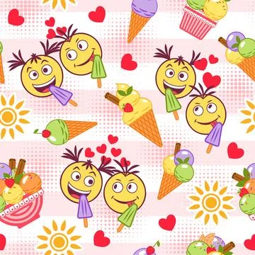 Funny colorful pattern with ice cream, crazy emoji love couple, sun icon Illustrazione stock