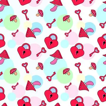 Funny colorful seamless pattern. Vector doodle line cartoon Love keys and Mus Stock Illustration