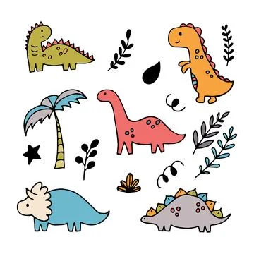 Funny coloured characters set. Cute hand drawn dinosaurs and tropical plant.. Stock Illustration