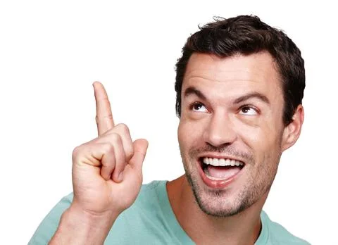 Funny, comic and face of a man with a hand isolated on a white background in Stock Photos