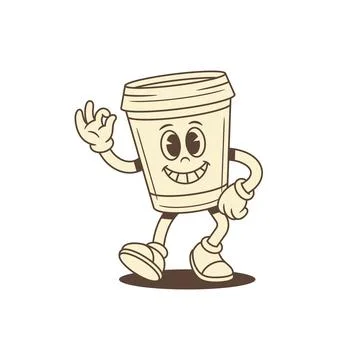Funny comic coffee paper cup cartoon character greeting contoured vector fl.. Stock Illustration