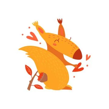 Funny, comic, cute squirrel. Cartoon hand drawn character. Forest animal in love Stock Illustration