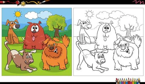 Funny comic dogs characters group in the park coloring page Cartoon illust... Foto stock