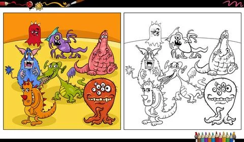 Funny comic monsters or aliens characters group coloring page Cartoon illu... Stock Photos