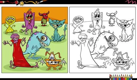 Funny comic monsters or aliens characters group coloring page Cartoon illu... Stock Photos