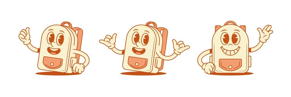 Funny comic schoolbag back to school cartoon character set isometric vector i Stock Illustration
