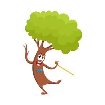 Funny comic tree character dancing step with walking cane Stock Illustration