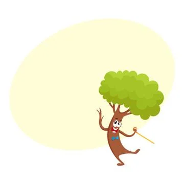 Funny comic tree character dancing step with walking cane Stock Illustration