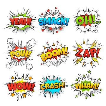 Funny comic words in speech bubble frames. Wow oh bang and zap thinking clouds Illustrazione stock