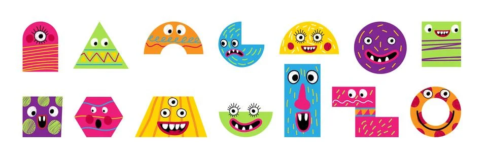 Funny comics abstract cartoon elements. Happy smile people art, geometric fig Stock Illustration