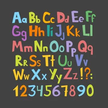 Funny comics font. Hand drawn lowcase and uppercase colorful cartoon Englis.. 库存插图