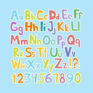 Funny comics font. Hand drawn lowcase and uppercase colorful cartoon Englis.. 库存插图