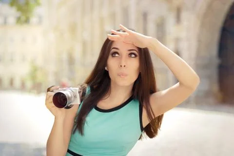 Funny with Compact Digital Camera Looking for Landmarks Stock Photos