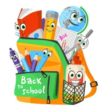 Funny composition of stationery school objects with eyes Illustrazione stock