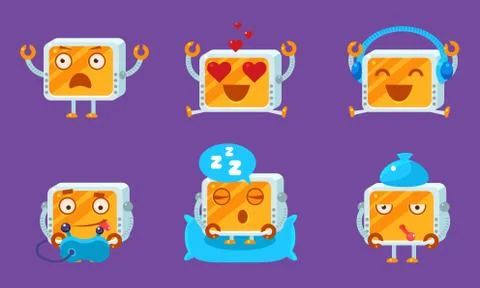 Funny Computer Monitors Characters Set, Cute Monobloc Emoji with Various Stock Illustration