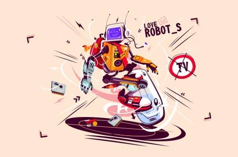 Funny computer robot on flying board Stock Illustration