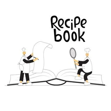 Funny cook chef on kitchen. Recipe book handwritten lettering sign. Vector stock Stock Illustration