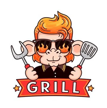 Funny cool monkey in sunglasses with grilling tools. Grill logo design. Vector Stock Illustration