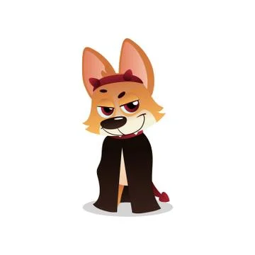 Funny corgi in black cloak with devil horns and tail. Cartoon dog character with Stock Illustration