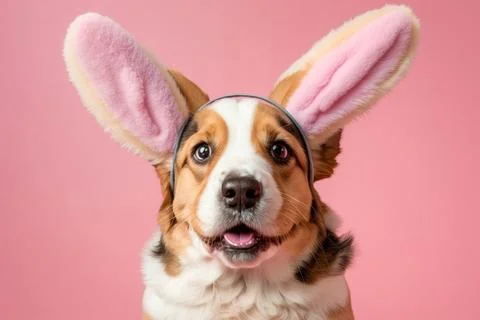 Funny corgi dog with easter bunny ears on pink background Stock Illustration