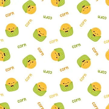 Funny corn on seamless pattern. Squishmallow. Kawaii corn. Kawaii, Vector Stock Illustration