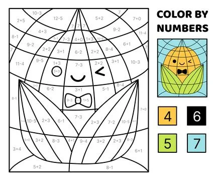 Funny corn. Solve the problem, color the picture. Addition, Subtraction Stock Illustration