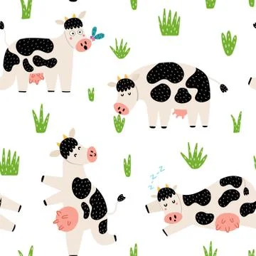 Funny countryside seamless pattern with cute cows Stock Illustration