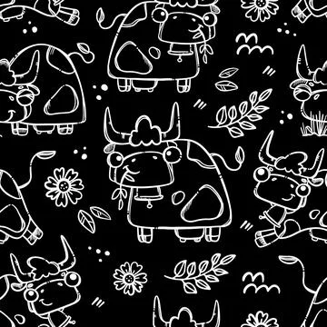 FUNNY COW IN SKETCH Seamless Pattern Vector Illustration 스톡 일러스트