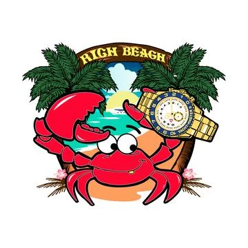 Funny Crab on the Beach with Watch Vector Stock Illustration