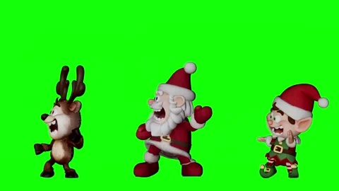 Funny crazy 3D cartoon Santa Claus reindeer and elf dancing together on green Stock Footage 342173336