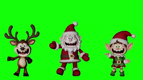 Funny crazy 3D cartoon Santa Claus reindeer and elf dancing together on green Stock Footage 342173359