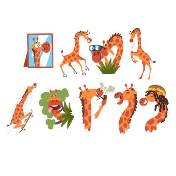 Funny Crazy Giraffe Collection, Cute African Animal Cartoon Character in Various Stock Illustration