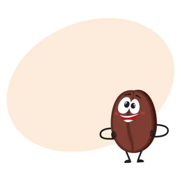 Funny, crazy looking coffee bean character with human face with arms akimbo Stock Illustration