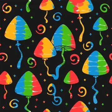 Funny crazy psilocybin magic mushroom seamless pattern.Vector hand drawn cartoon Illustrazione stock