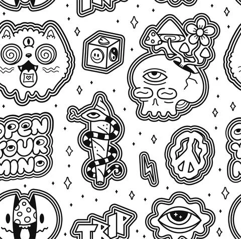 Funny crazy psychedelic seamless pattern. Vector cartoon illustration wallpaper Illustrazione stock