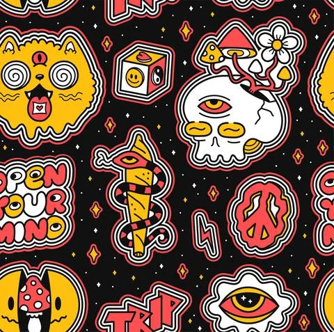 Funny crazy psychedelic seamless pattern. Vector cartoon illustration wallpaper Stock Illustration
