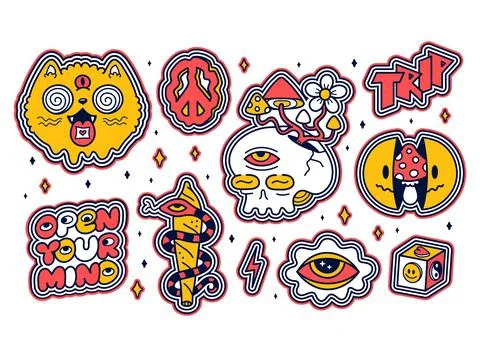 Funny crazy psychedelic stickers set print. Vector cartoon illustration sticker Stock Illustration