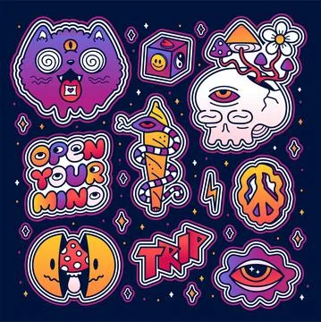 Funny crazy psychedelic stickers set print. Vector cartoon illustration sticker Stock Illustration