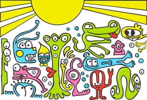 Funny creatures doodle Stock Illustration