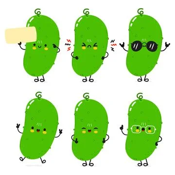 Funny Cucumber characters bundle set. Vector hand drawn doodle style cartoo.. Stock Illustration