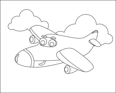 Funny cute airplane is flying in the sky. Cartoon isolated vector Stock Illustration