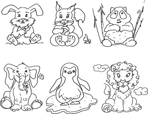 Funny Cute Animals Doodle, for design and coloring. 스톡 일러스트