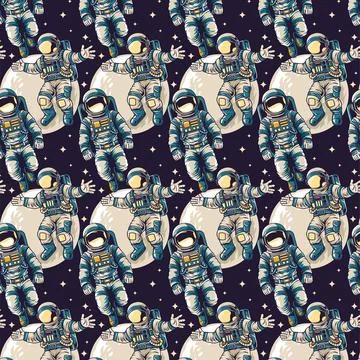 Funny Cute Astronaut Exploring Space Character Seamless Pattern Illustration 스톡 일러스트
