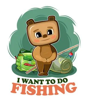 Funny cute baby Bear. He asks to take him fishing. Backpack m fishing rod. Na Stock Illustration