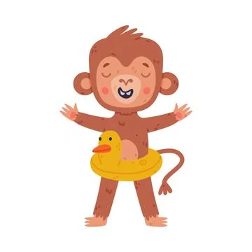 Funny cute baby monkey with inflatable duck. African tropical animal cartoon Ilustración de archivo