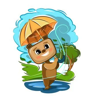 A funny cute Bear with an umbrella walks through the puddles. Wind clouds bad Stock Illustration