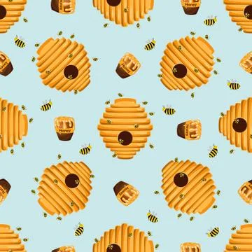 Funny cute bee houses pattern. The bees. Hives. Honeycomb. Sweet Honey. Child イラスト素材