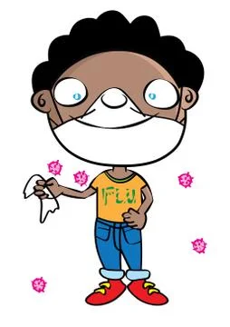Funny cute black boy with flu mask disease prevention cartoon Stock Illustration